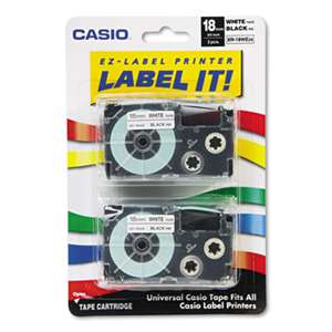 Casio XR18WE2S Tape Cassettes for KL Label Makers, 18mm x 26ft, Black on White, 2/Pack