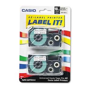 CASIO, INC. Tape Cassettes for KL Label Makers, 18mm x 26ft, Black on Clear, 2/Pack
