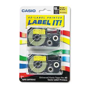 Casio XR18YW2S Tape Cassettes for KL Label Makers, 18mm x 26ft, Black on Yellow, 2/Pack