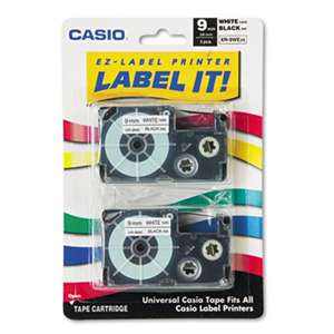 Casio XR9WE2S Tape Cassettes for KL Label Makers, 9mm x 26ft, Black on White, 2/Pack