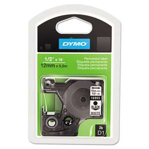 DYMO 16955 D1 Permanent High-Performance Polyester Label Tape, 1/2in x 18ft, Black on White
