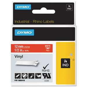 DYMO 1805416 Rhino Permanent Vinyl Industrial Label Tape, 1/2" x 18 ft, Red/White Print