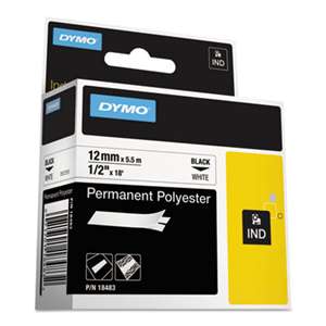 DYMO 18483 Rhino Permanent Poly Industrial Label Tape, 1/2" x 18 ft, White/Black Print