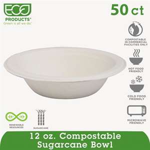 ECO-PRODUCTS,INC. Renewable & Compostable Sugarcane Bowls - 12oz., 50/PK