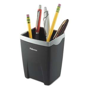 FELLOWES MFG. CO. Office Suites Divided Pencil Cup, Plastic, 3 1/16 x 3 1/16 x 4 1/4, Black/Silver