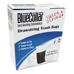 HERITAGE Drawstring Trash Bags, 13gal, 0.8mil, 24 x 28, White, 80/Box