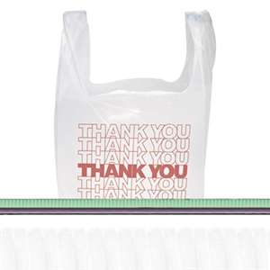 INTEGRATED BAGGING SYSTEMS "Thank You" Handled T-Shirt Bags, 11 1/2 x 21, Polyethylene, White, 900/Carton