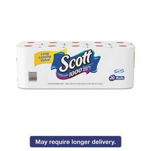 KIMBERLY CLARK 1000 Bathroom Tissue, 1-Ply, White, 1000 Sheet/Roll, 20/Pack