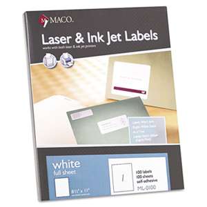 CHARTPAK/PICKETT White Laser/Inkjet Full-Sheet Identification Labels, 8 1/2 x 11, White, 100/Box