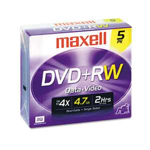 MAXELL CORP. OF AMERICA DVD+RW Discs, 4.7GB, 4x, w/Jewel Cases, Silver, 5/Pack