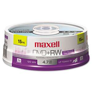 MAXELL CORP. OF AMERICA DVD+RW Discs, 4.7GB, 4x, Spindle, Silver, 15/Pack