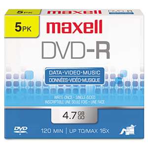 MAXELL CORP. OF AMERICA DVD-R Discs, 4.7GB, 16x, w/Jewel Cases, Gold, 5/Pack