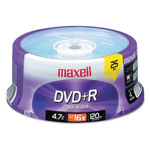 MAXELL CORP. OF AMERICA DVD+R Discs, 4.7GB, 16x, Spindle, Silver, 25/Pack
