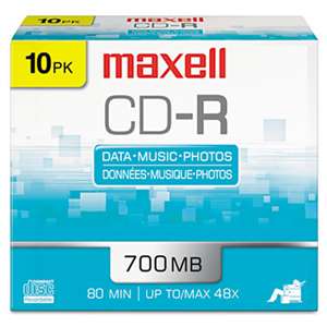 MAXELL CORP. OF AMERICA CD-R Discs, 700MB/80min, 48x, w/Slim Jewel Cases, Silver, 10/Pack