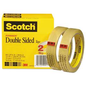 3M/COMMERCIAL TAPE DIV. Double-Sided Tape, 3/4" x 1296", 3" Core, Transparent, 2/Pack