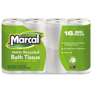 MARCAL MANUFACTURING, LLC 100% Recycled Two-Ply Bath Tissue, White, 16 Rolls/Pack
