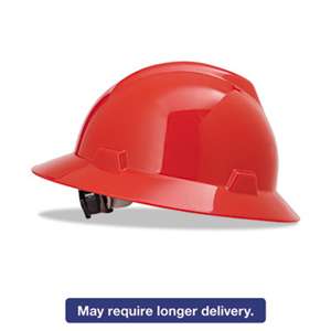 SAFETY WORKS V-Gard Full-Brim Hard Hats, Ratchet Suspension, Size 6 1/2 - 8, Red