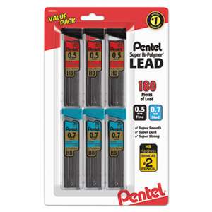 PENTEL OF AMERICA Super Hi-Polymer Lead Refills, 0.5mm, 0.7mm, HB, Black, 30/Tube, 6 Tubes/Pack
