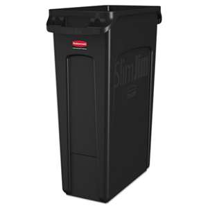 RUBBERMAID COMMERCIAL PROD. Slim Jim Receptacle w/Venting Channels, Rectangular, Plastic, 23gal, Black