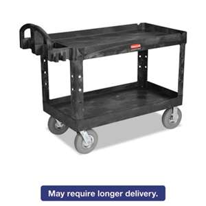 RUBBERMAID COMMERCIAL PROD. Heavy-Duty Utility Cart, Two-Shelf, 25-1/4w x 54d x 39-1/4h, Black