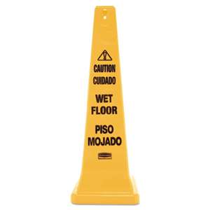 RUBBERMAID COMMERCIAL PROD. Four-Sided Caution, Wet Floor Yellow Safety Cone, 12 1/4 x 12 1/4 x 36h