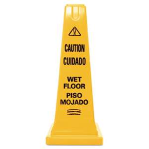 RUBBERMAID COMMERCIAL PROD. Four-Sided Caution, Wet Floor Safety Cone, 10 1/2w x 10 1/2d x 25 5/8h, Yellow