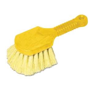 RUBBERMAID COMMERCIAL PROD. Long Handle Scrub, 8" Plastic Handle, Gray Handle w/Yellow Bristles