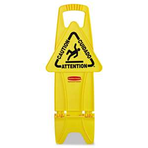 RUBBERMAID COMMERCIAL PROD. Stable Multi-Lingual Safety Sign, 13w x 13 1/4d x 26h, Yellow