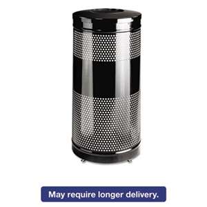 RUBBERMAID COMMERCIAL PROD. Classics Perforated Open Top Receptacle, Round, Steel, 25gal, Black