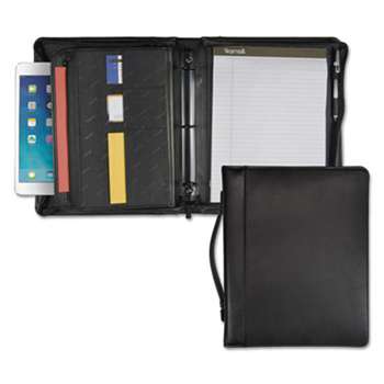 SAMSILL CORPORATION Leather Multi-Ring Zippered Portfolio, Two-Part, 1" Cap, 11 x 13-1/2, Black