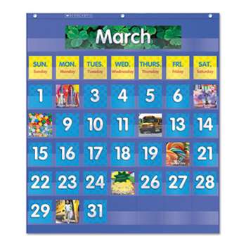 SCHOLASTIC INC. Monthly Calendar Pocket Chart, 25 1/2 x 10 x 0.13, Blue/Clear