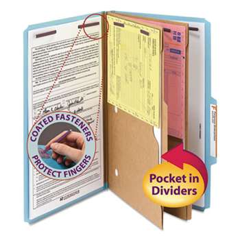SMEAD MANUFACTURING CO. Pressboard Folders with Two Pocket Dividers, Legal, Six-Section, Blue, 10/Box