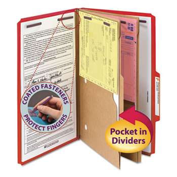 SMEAD MANUFACTURING CO. Pressboard Folders, Two Pocket Dividers, Legal, Six-Section, Bright Red, 10/Box