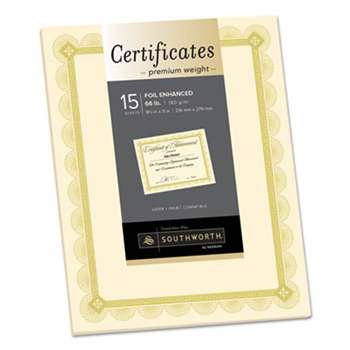 SOUTHWORTH CO. Premium Certificates, Ivory, Spiro Gold Foil Border, 66 lb,  8.5 x 11, 15/Pack