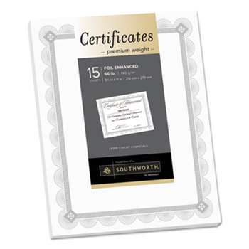 SOUTHWORTH CO. Premium Certificates, White, Spiro Silver Foil Border, 66 lb,  8,5 x 11, 15/Pack