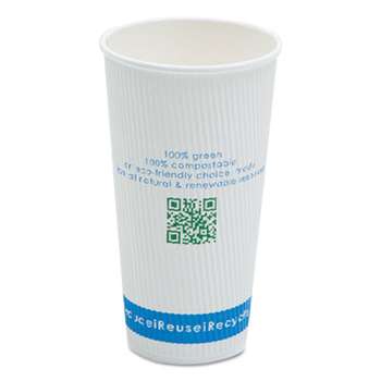 SAVANNAH SUPPLIES INC. Compostable Insulated Ripple-Grip Hot Cups, 20oz, White, 50/Pack