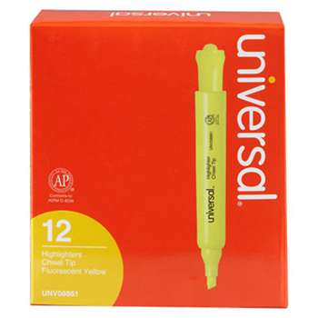 UNIVERSAL OFFICE PRODUCTS Desk Highlighter, Chisel Tip, Fluorescent Yellow, Dozen