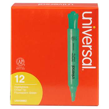 UNIVERSAL OFFICE PRODUCTS Desk Highlighter, Chisel Tip, Fluorescent Green, Dozen