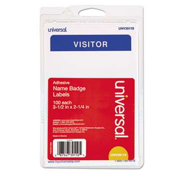 UNIVERSAL OFFICE PRODUCTS "Visitor" Self-Adhesive Name Badges, 3 1/2 x 2 1/4, White/Blue, 100/Pack