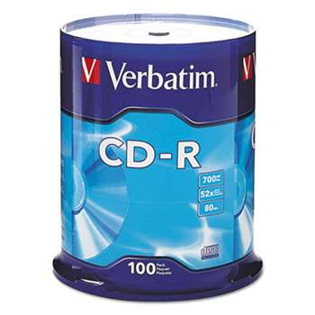 VERBATIM CORPORATION CD-R Discs, 700MB/80min, 52x, Spindle, Silver, 100/Pack