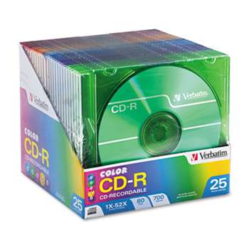 VERBATIM CORPORATION CD-R Discs, 700MB/80min, 52x, Slim Jewel Cases, Assorted Colors, 25/Pack