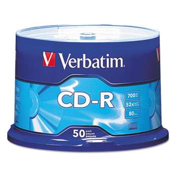 VERBATIM CORPORATION CD-R Discs, 700MB/80min, 52x, Spindle, Silver, 50/Pack