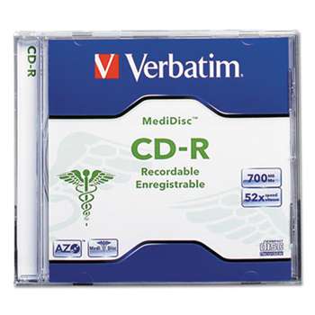 VERBATIM CORPORATION MediDisc CD-R, 700MB, 52X, Thermal Printable Branded Surface, 1/PK Jewel Case