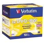 VERBATIM CORPORATION DVD+RW Discs, 4.7GB, 4x, w/Slim Jewel Cases, Pearl, 10/Pack