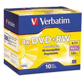 VERBATIM CORPORATION DVD+RW Discs, 4.7GB, 4x, w/Slim Jewel Cases, Pearl, 10/Pack