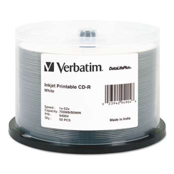 VERBATIM CORPORATION CD-R Discs, Printable, 700MB/80min, 52x, Spindle, White, 50/Pack