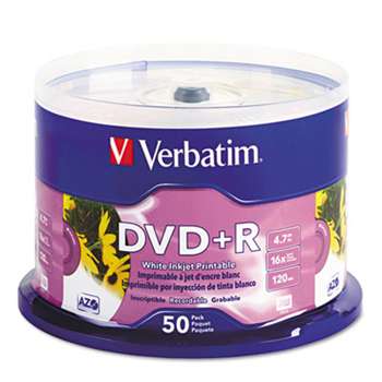 VERBATIM CORPORATION Inkjet Printable DVD+R Discs, White, 50/Pack