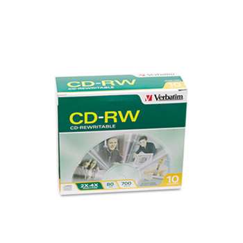 VERBATIM CORPORATION CD-RW Discs, 700MB/80min, 2X/4X, Slim Jewel Case, Matte Silver, 10/Pack