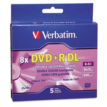 VERBATIM CORPORATION Dual-Layer DVD+R Discs, 8.5GB, 8x, w/Jewel Cases, 5/Pack, Silver
