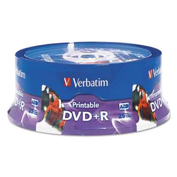 VERBATIM CORPORATION DVD+R, 4.7GB, 16X, White Inkjet Printable, Hub Printable, 25/PK Spindle